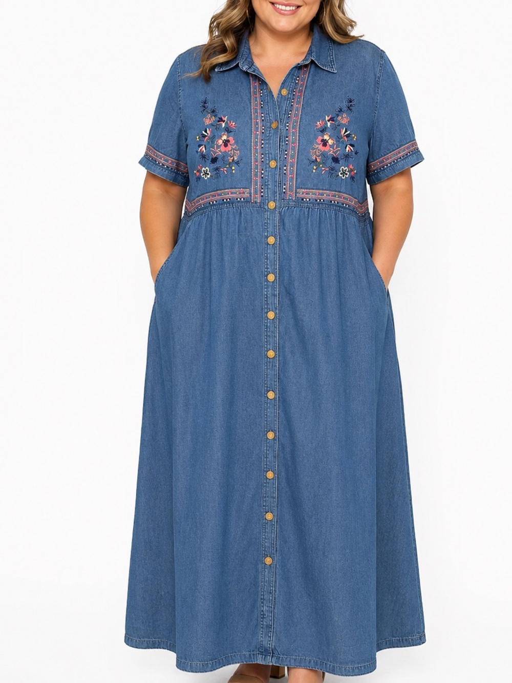 Anna Maxwell 2X Embroidered Denim Maxi Shirt Dress Button Front Pockets Boho